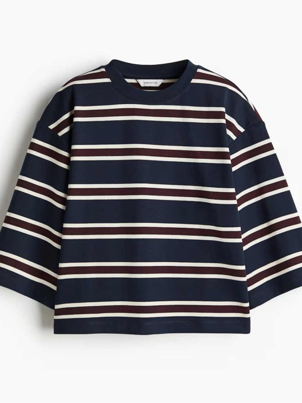 NWOT H&M Navy Boxy Tee with Cream & Burgundy Stripes